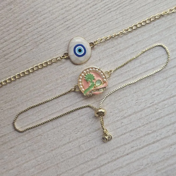 Evil Eye Peacock Rakhi Bracelet Set